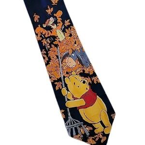 Disney Winnie the Pooh 100% Silk Necktie Raking Fall Leaves With Tigger Eeyore
